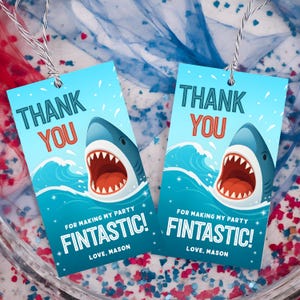 Editable Shark Birthday Favor Tags - Jawsome Ocean Party Thank You Tags, Fintastic Under the Sea Shark Favors for Boys