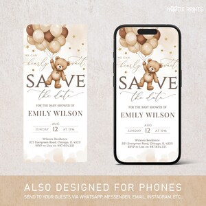 Puede incluir: Una invitaci&oacute;n digital para baby shower con un osito de peluche sosteniendo globos. El texto dice "We can bearly wait" y "Save the date" para el baby shower de Emily Wilson el 12 de agosto a las 3 PM. El dise&ntilde;o tambi&eacute;n est&aacute; disponible para tel&eacute;fonos.