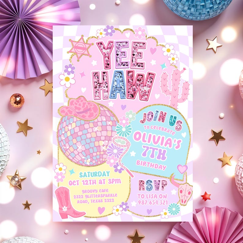 Yee Haw Pink Cowgirl Birthday Invitation Disco Rodeo Party Invite HootiePrints GS32 image 1