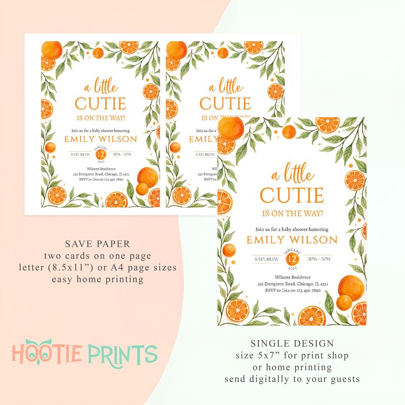 Editable Little Cutie Baby Shower Invitation, Orange Baby Shower Invite, Gender Neutral Orange Citrus Baby Shower Invite image 3