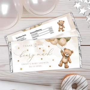 Editable Candybar Wrappers Baby Shower Bar Favors, Bear Theme Baby Shower, Printable Instant Download, Thank you Beary Much NBS45
