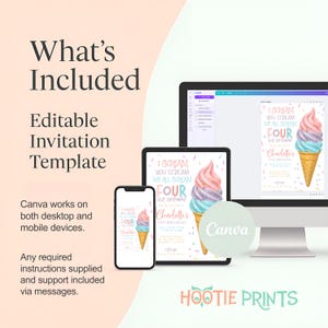 May include: Editable invitation template for a 4th birthday party with an ice cream cone design. The template is available in Canva and can be used on both desktop and mobile devices. The text on the invitation says "I scream, you scream, we all scream for ice cream!" and "Charlotte's 4th Birthday".