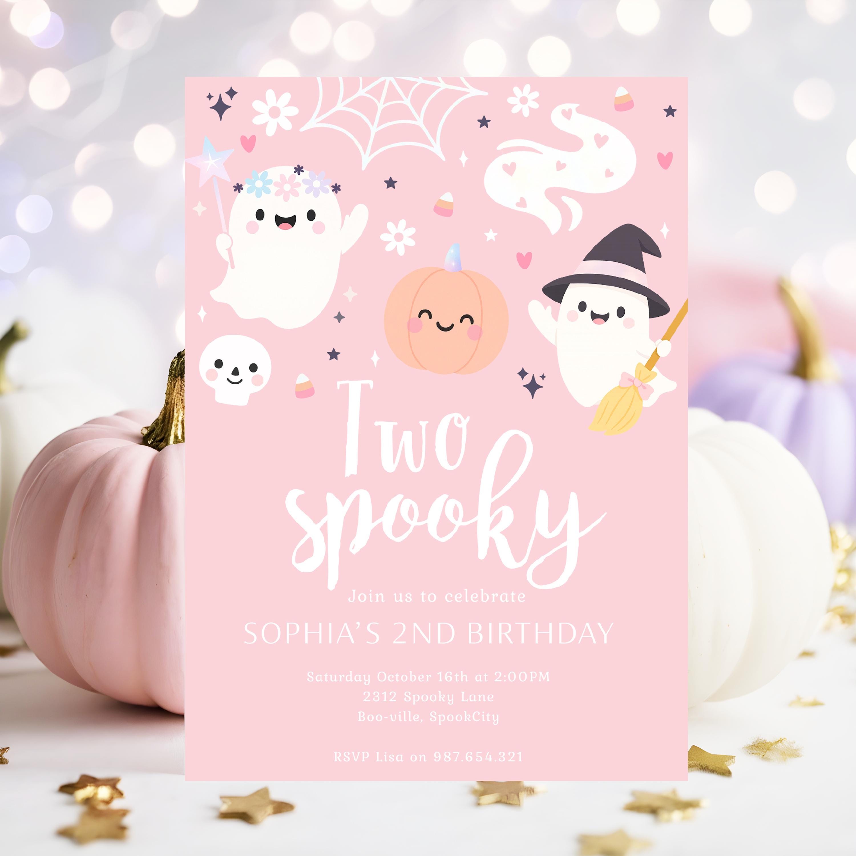 Editable 2nd Birthday Invitation Halloween Party Invite Cute Pink Pastel Holographic Ghost Spooky Instant Download TB34