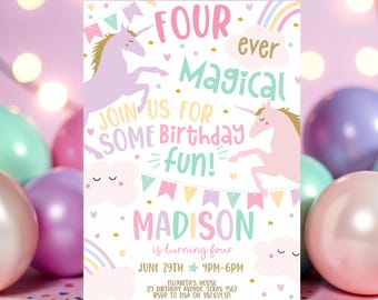 Editable Unicorn 4th Birthday Invitation Four Ever Magical Party Invite Pastel Fourth Birthday Template, four ever magical thank you tag