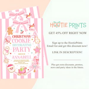 Pode incluir: Convite para uma festa de Natal listrado em rosa e branco com tema de decora&ccedil;&atilde;o de biscoitos. O convite apresenta bonecos de gengibre, bonecos de neve e uma &aacute;rvore de Natal. O texto inclui "Christmas Cookie Decorating Party" e "Hosted by Annabell."