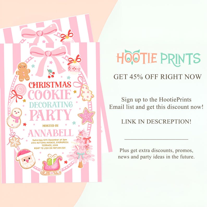 Pode incluir: Convite para uma festa de Natal listrado em rosa e branco com tema de decora&ccedil;&atilde;o de biscoitos. O convite apresenta bonecos de gengibre, bonecos de neve e uma &aacute;rvore de Natal. O texto inclui "Christmas Cookie Decorating Party" e "Hosted by Annabell."