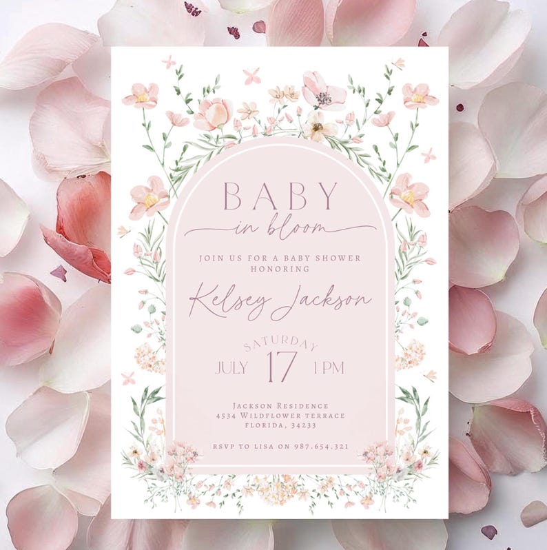 May include: A pink and green floral baby shower invitation with the text "Baby in Bloom" and the name "Kelsey Jackson". The invitation includes the date and time of the shower, the address, and the RSVP information.