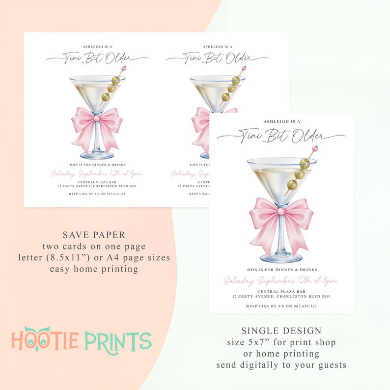 May include: Invitations with a martini glass design. The martini glass has olives, a pink bow, and the text "Ashleigh is a Fine Bit Older." The invitations are for a dinner and drinks event on September 12th at 8pm.