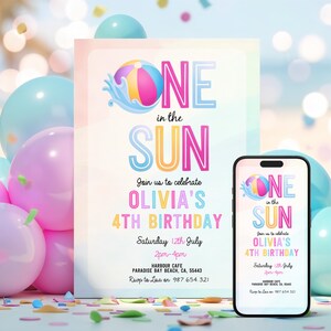 EDITABLE One In The Sun Girls 1st Birthday Party Invitation Beach Ball Summer Splish Splash Girl 1st Birthday Pool Party Instant Download
