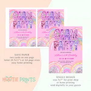 May include: Pink "Glam Party" invitations with glitter lettering and rainbow accents. The invitations include the text "Join us to celebrate Lillian's 6th Birthday" and event details. The design is available in two sizes for easy printing.