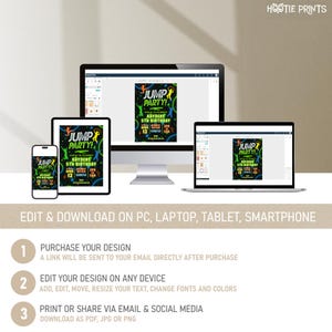 Puede incluir: Invitaci&oacute;n digital editable para una fiesta de cumplea&ntilde;os infantil. La invitaci&oacute;n presenta un dise&ntilde;o verde ne&oacute;n, negro y azul con el texto "Jump Party!" y "Kayden's 5th Birthday".