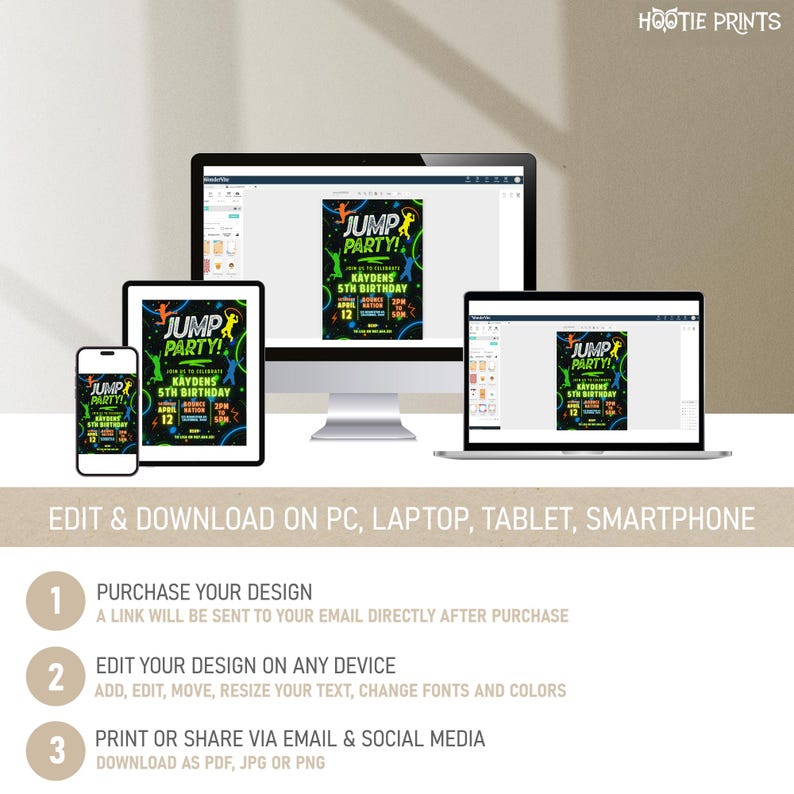 Puede incluir: Invitaci&oacute;n digital editable para una fiesta de cumplea&ntilde;os infantil. La invitaci&oacute;n presenta un dise&ntilde;o verde ne&oacute;n, negro y azul con el texto "Jump Party!" y "Kayden's 5th Birthday".