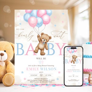 Bewerkbare gender Revel Bear babyshower uitnodiging, meisje jongen We Can Bearly Wait babyshower uitnodigen, roze blauwe Boho Bear douche douche