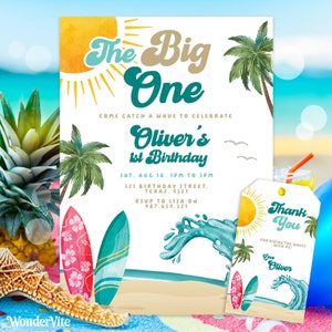 Invitación editable para el primer cumpleaños de The Big One Surf, fiesta en la playa, tabla de surf, olas, surfista, descarga la plantilla digital, etiqueta de Big One Surfing gratis