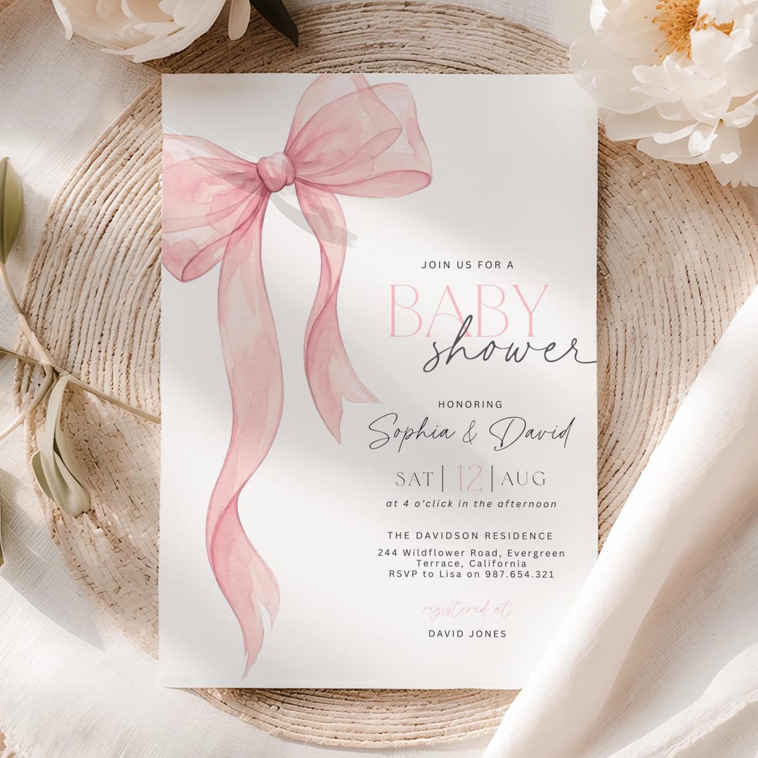 Chic Pink Bow Baby Shower Invitation Editable Template for Girls - Etsy