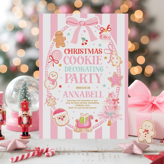 Christmas Cookie Decorating Party Invitation, Pink Gingerbread (Editable Canva Template)