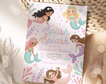 Bewerkbare zeemeermin verjaardagsuitnodiging, zeemeermin Bash Under the Sea verjaardagsuitnodiging meisje verjaardagsfeestje roze pastel elke leeftijd zee oceaan thema