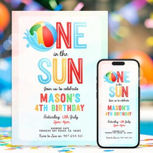 EDITABLE One In The Sun 1st Birthday Party Invitation Beach Ball Summer Splish Splash Boy 1st Birthday Pool Party Instant Download