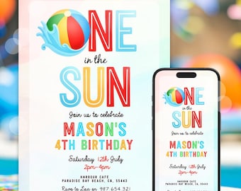 EDITABLE One In The Sun 1st Birthday Party Invitation Beach Ball Summer Splish Splash Boy 1st Birthday Pool Party Instant Download