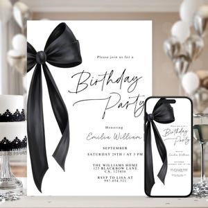 Editable Black Bow Birthday Invitation Template, Minimalist Black Bow Birthday Invite, Black Ribbon Coquette 30th 40th 50th Birthday Party