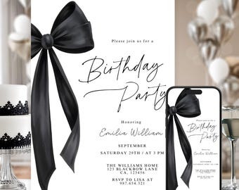 Editable Black Bow Birthday Invitation Template, Minimalist Black Bow Birthday Invite, Black Ribbon Coquette 30th 40th 50th Birthday Party