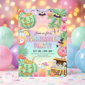 Può includere: Un colorato invito per una "Summerween Party!" presenta un'anguria intagliata come una lanterna di Halloween, cocktail e un fenicottero con un cappello da strega. Il testo recita "Join us for a Summerween Party!" il 5 ottobre dalle 14:00 alle 17:00.