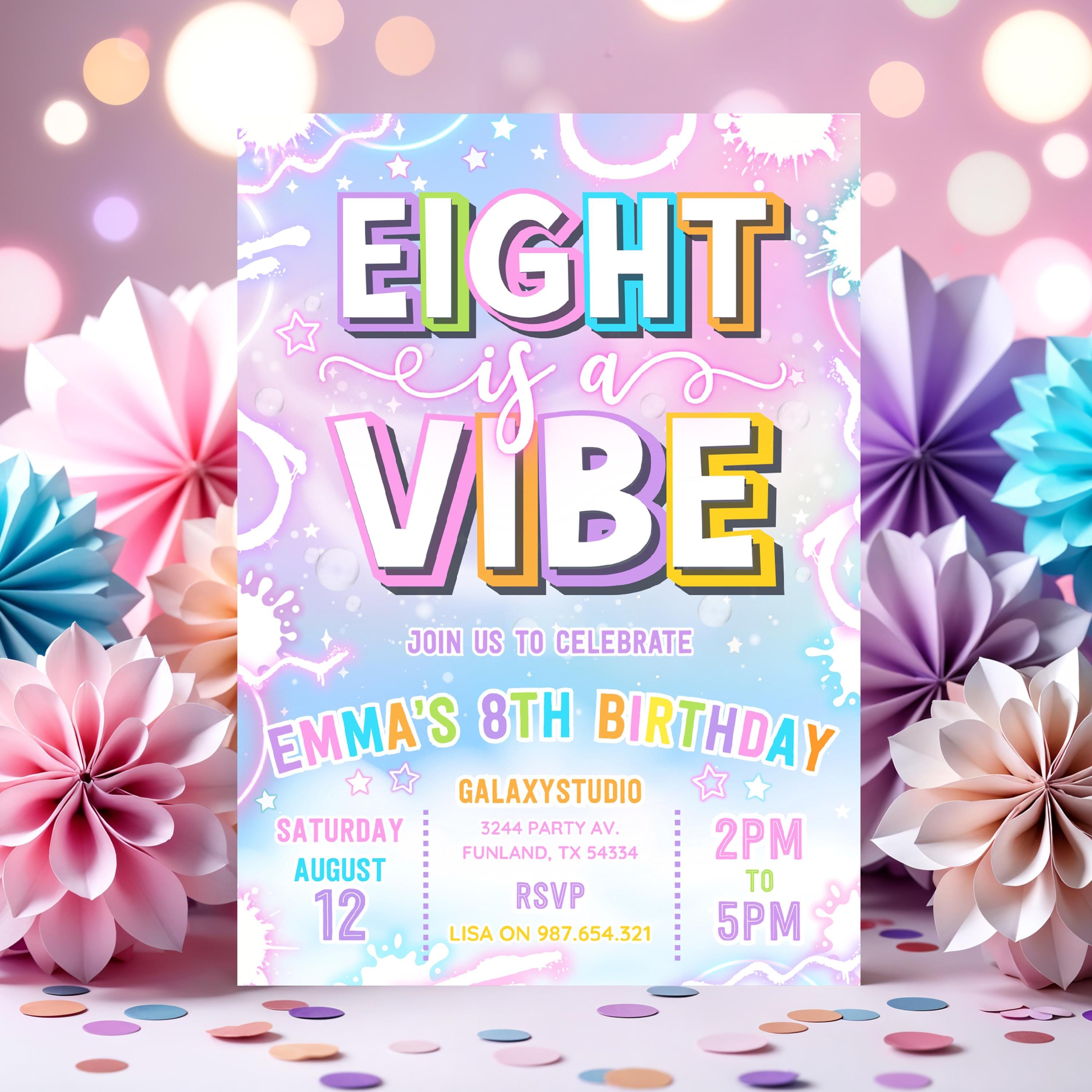Editable 8th Birthday Invitation – Neon Glow Eight Is A Vibe Party Invite for Girls, Instant Download, Glow 8 Birthday Celebration