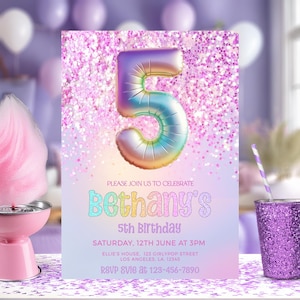 Faire-part 5e anniversaire modifiable Faire-part 5e anniversaire scintillant Faire-part fille éditable fillette 5e anniversaire pastel arc-en-ciel