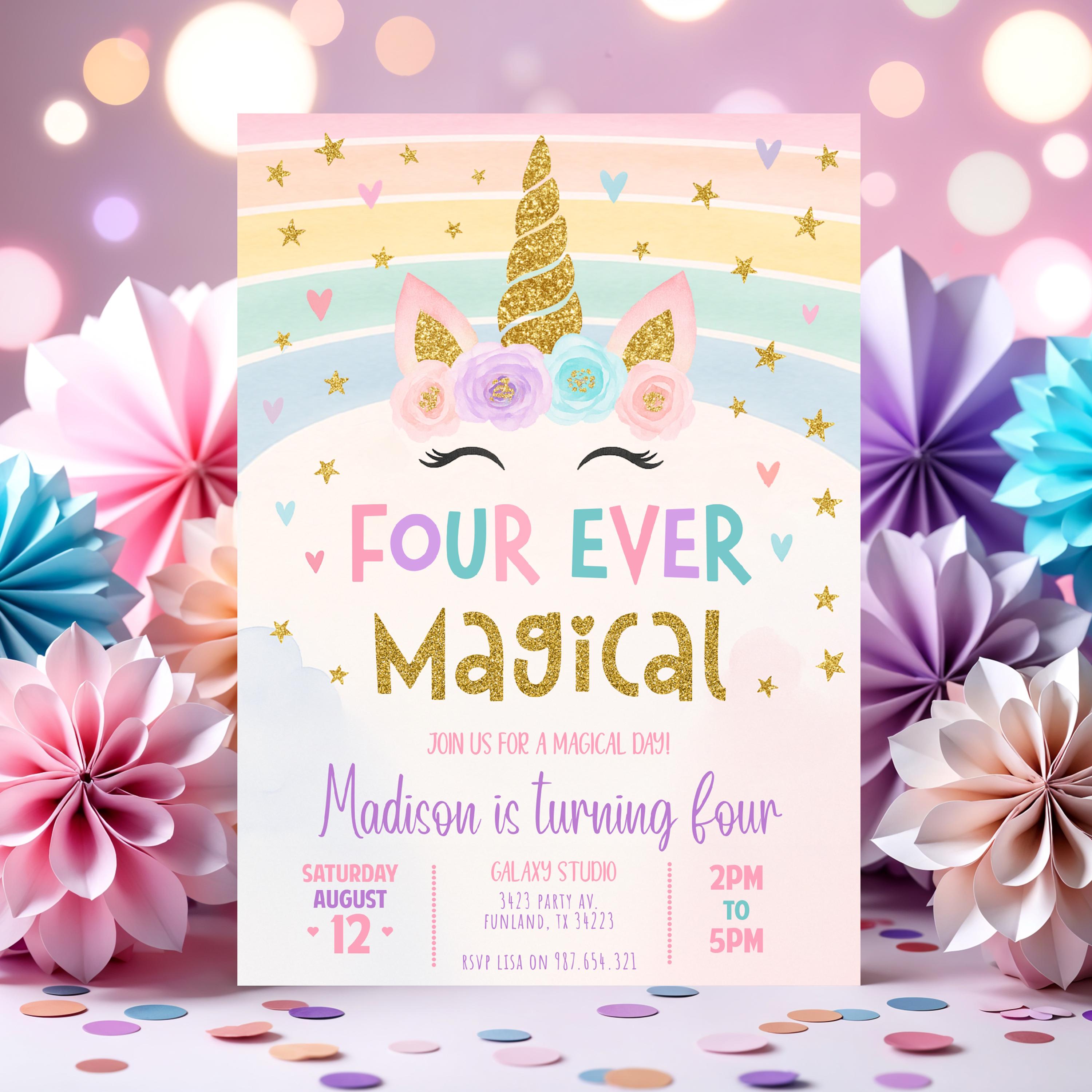 Editable Unicorn 4th Birthday Invitation Four Ever Magical Party Invite ...