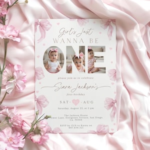 Invitación para el primer cumpleaños de una niña: foto bohemia con lazo rosa. Celebración con lazo coqueto.