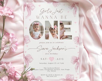 Girls First Birthday Invitation - Pink Bow Boho Photo Invite, "Girls Just Wanna Be One" Coquette Bow Style Celebration