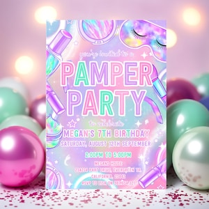 Editable Pamper Party Birthday Invitation Neon Glow Pamper Spa Party Invitation Glitz and Glam Makeup Neon Glow Party Instant Download