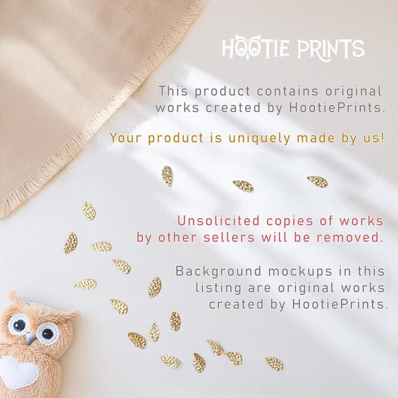 May include: A soft, cream-colored owl plush toy with large, round eyes and a heart-shaped chest sits near scattered gold leaf-shaped confetti. The image includes text from "Hootie Prints" and product information.
