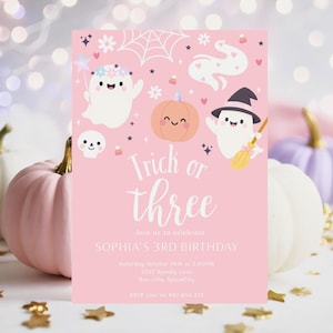 Editable Girls Halloween Ghost Birthday Invitation, Trick Or Three 3rd Spooktacular Party Invite, Pink Halloween Birthday, Instant TB34