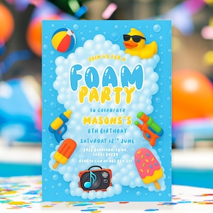 Convite para festa de espuma editável Convite para festa de espuma, modelo digital personalizável, cartão de aniversário de bolhas, download instantâneo