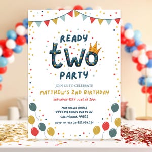 Invito per festa Ready Two, invito per festa di 2° compleanno per ragazzo, invito per secondo compleanno con palloncino, modello di invito modificabile per principe ereditario