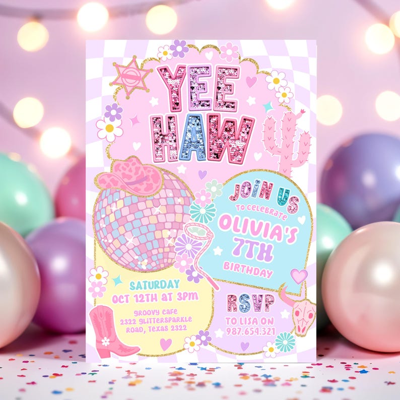 Yee Haw Pink Cowgirl Birthday Invitation Disco Rodeo Party Invite HootiePrints GS32 image 4