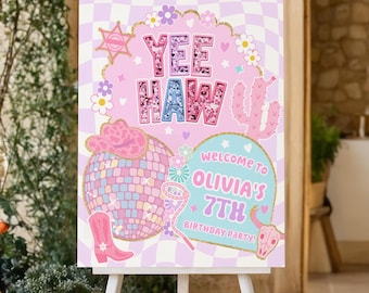 Pink Cowgirl Birthday Sign, Cowgirl Hoedown Birthday Party Sign, Pink Disco Cowgirl Hoedown Party , Disco Rodeo, Retro Groovy