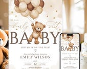 EDITABLE Gender Neutral Bear Baby Shower Invitation, We Can Bearly Wait Baby Shower Invite, Brown Beige Boho Bear Baby Shower NBS46