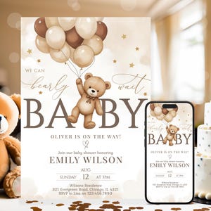 Invito per baby shower orso neutro MODIFICABILE, invito per baby shower We Can Bearly Wait, invito per baby shower orso boho beige marrone NBS46