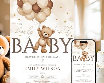 EDITABLE Gender Neutral Bear Baby Shower Invitation, We Can Bearly Wait Baby Shower Invite, Brown Beige Boho Bear Baby Shower NBS46