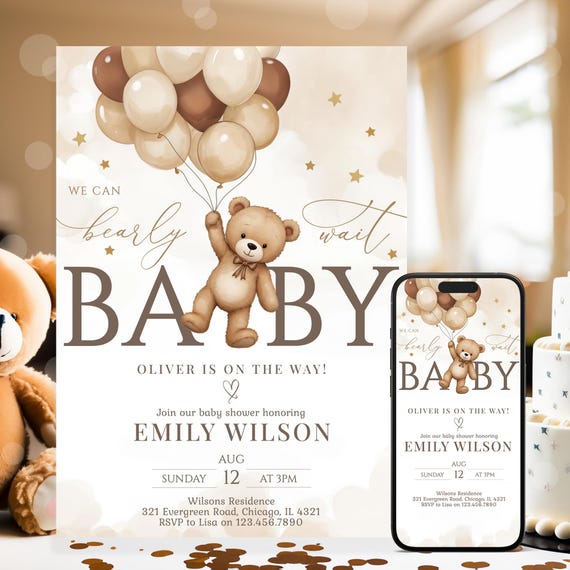 EDITABLE Gender Neutral Bear Baby Shower Invitation, We Can Bearly Wait Baby Shower Invite, Brown Beige Boho Bear Baby Shower NBS46