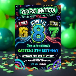 May include: A neon-style birthday party invitation with the text "You're Invited!" and "Carter's 8th Birthday." The design features the numbers 6, 8, and 7, along with event details, all set against a dark background.