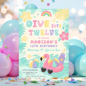Editable Preppy 12th Birthday Pool Party Invitation Varsity Girl Fashion Dive Into Twelve 12th Birthday Summer Party Instant Download