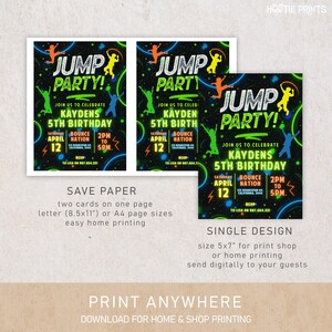 Puede incluir: Dos invitaciones imprimibles para una fiesta de cumplea&ntilde;os de un ni&ntilde;o de 5 a&ntilde;os. Las invitaciones presentan un fondo negro con texto verde ne&oacute;n y naranja que dice "Jump Party!" y una silueta de un ni&ntilde;o saltando. Las invitaciones tambi&eacute;n incluyen el nombre del ni&ntilde;o, la edad, la fecha, la hora y el lugar de la fiesta. El texto "Save Paper" y "Single Design" tambi&eacute;n est&aacute; incluido.