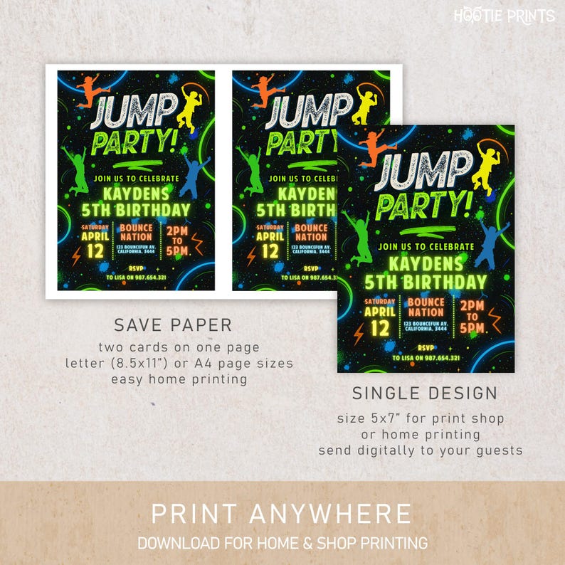 Puede incluir: Dos invitaciones imprimibles para una fiesta de cumplea&ntilde;os de un ni&ntilde;o de 5 a&ntilde;os. Las invitaciones presentan un fondo negro con texto verde ne&oacute;n y naranja que dice "Jump Party!" y una silueta de un ni&ntilde;o saltando. Las invitaciones tambi&eacute;n incluyen el nombre del ni&ntilde;o, la edad, la fecha, la hora y el lugar de la fiesta. El texto "Save Paper" y "Single Design" tambi&eacute;n est&aacute; incluido.