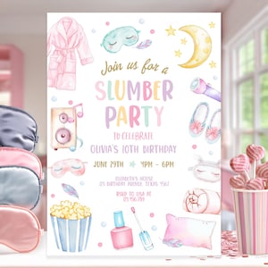 Editable Slumber Party Birthday Invitation Sleepover Birthday Invite Pink Girl Spa Tween Teen Digital Download Printable Template