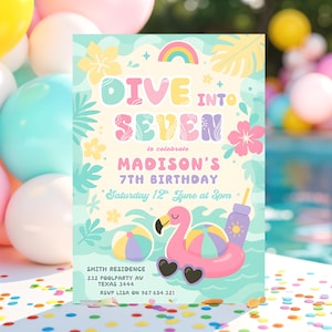 Editable Preppy 7th Birthday Pool Party Invitation Varsity Girl Fashion Dive Into Seven 7th Birthday Summer Party Instant Download