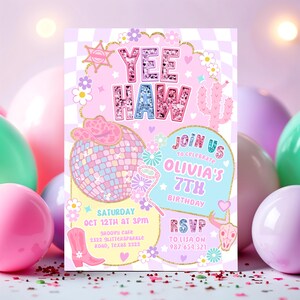 Yee Haw Pink Cowgirl Birthday Invitation Disco Rodeo Party Invite HootiePrints GS32 image 5