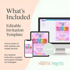May include: An editable invitation template displayed on a smartphone, tablet, and computer screen. The invitation design features the word "SEVEN" in colorful letters, a disco ball, and a rainbow. The text "What's Included" and "Editable Invitation Template" are also visible.